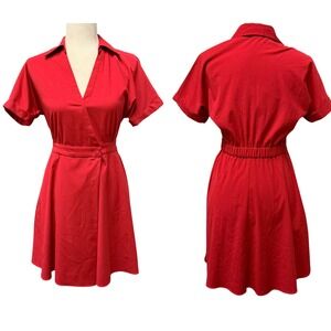 Goelia Wrap Dress Women XS Red Short Sleeve Collared V-Neck Office Preppy